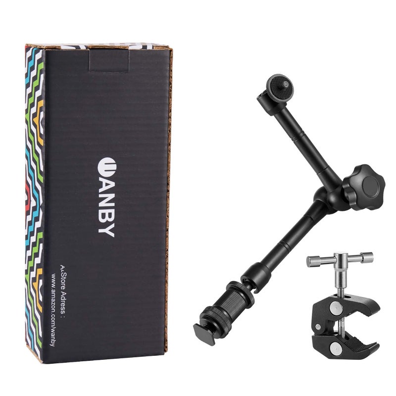 WANBY 11 Inch Articulating Friction Magic Arm Adjustable w/Hot Shoe Mount 1/4'' Tripod Screw for Camera Rig, LCD Monitor, LED Flash Lights (11'Arm & Clip) - Image 1